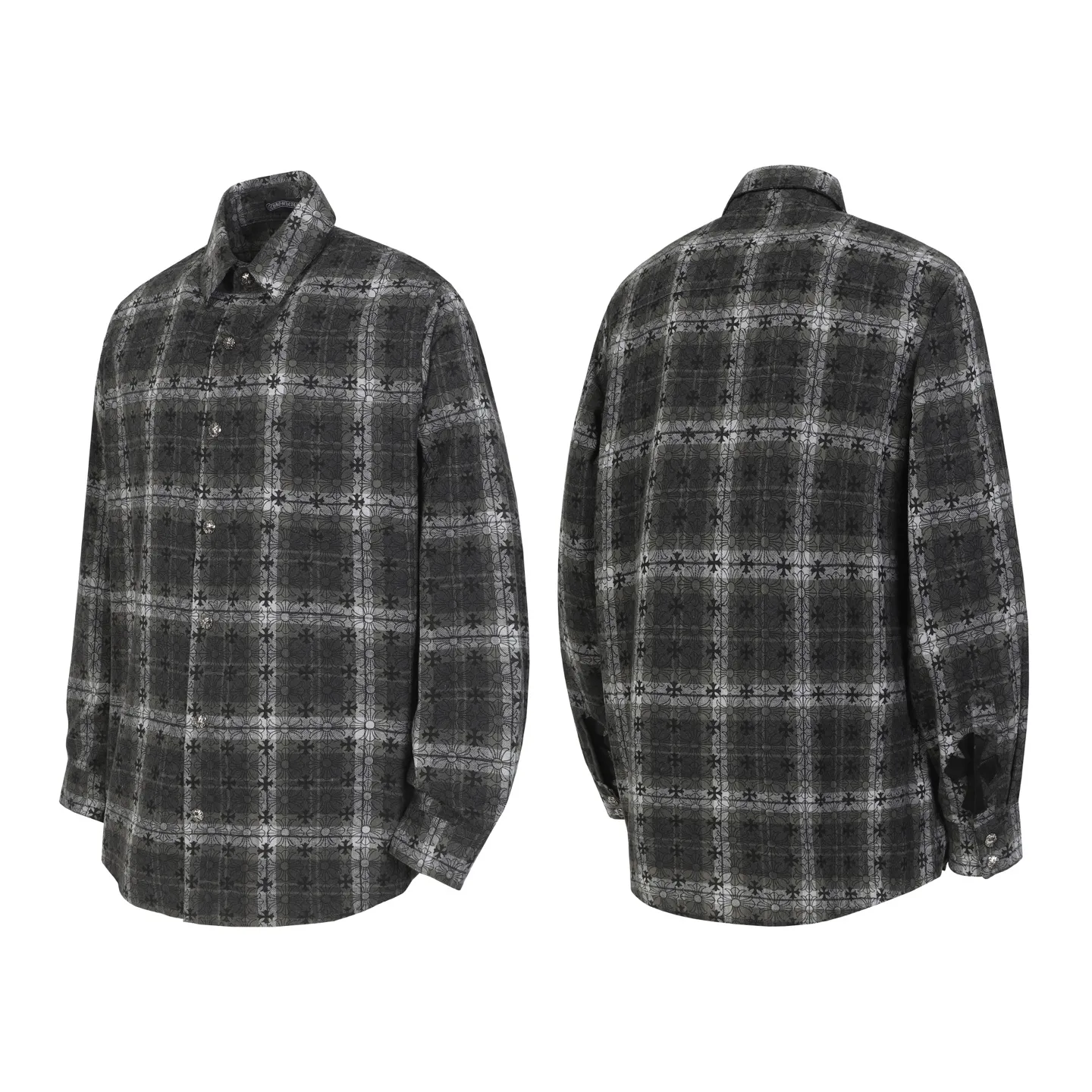 P260 Cross-border model, please do not place an order if you are pursuing quality - Chrome Hearts/Chrome Hearts dark pattern plaid shirt long-sleeved Polo - High weight, high density and high quality. The wool is soft, delicate and skin-friendly. Soft and silky to the touch. Excellent warmth and skin-friendly properties. - Customized weaving and dyeing. No color difference. No matter the fabric or workmanship details, it is better than the ordinary version on the market. - Hardware and zipper accessories are all customized. Full of details -Colour: black -Size: S M L XL